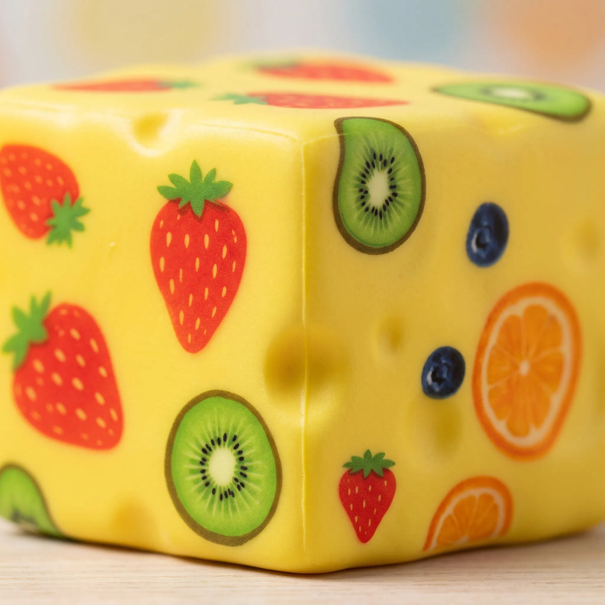 Close-up of the printed orange slice and blueberries on the cheese squishy block