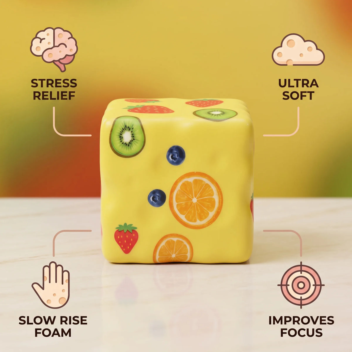 Fruit cheese squishy block with labels showing its size and slow rise