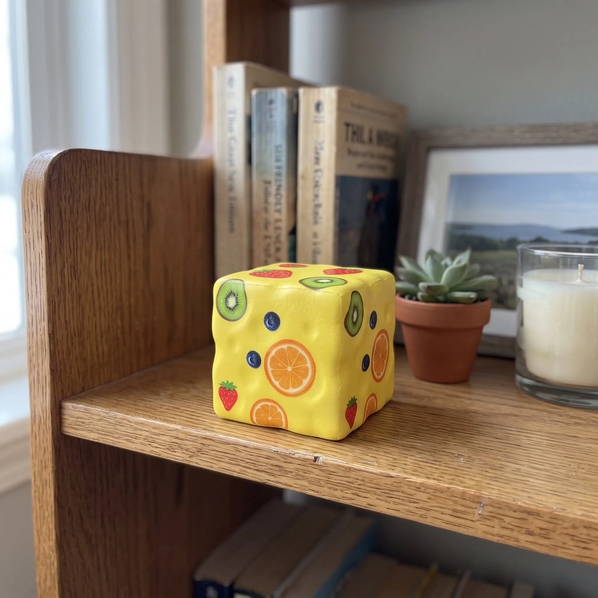 Fruit-print cheese squishy block styled in a bright home setting