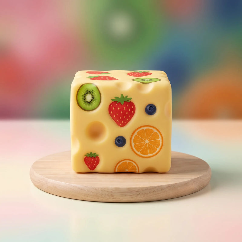 Fruit-print cheese squishy block resting on a round wooden board