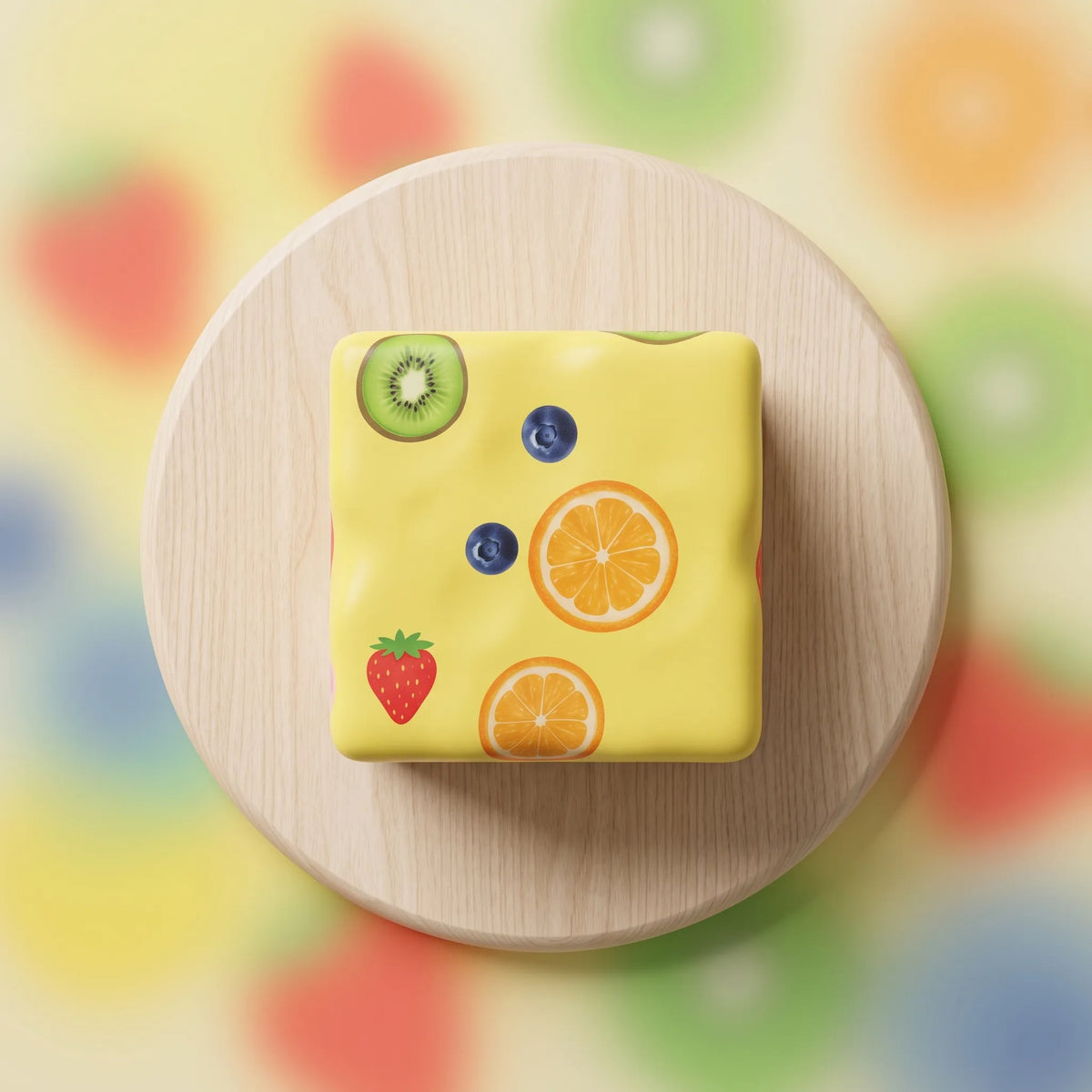 Yellow cheese squishy block printed with strawberries and kiwi slices