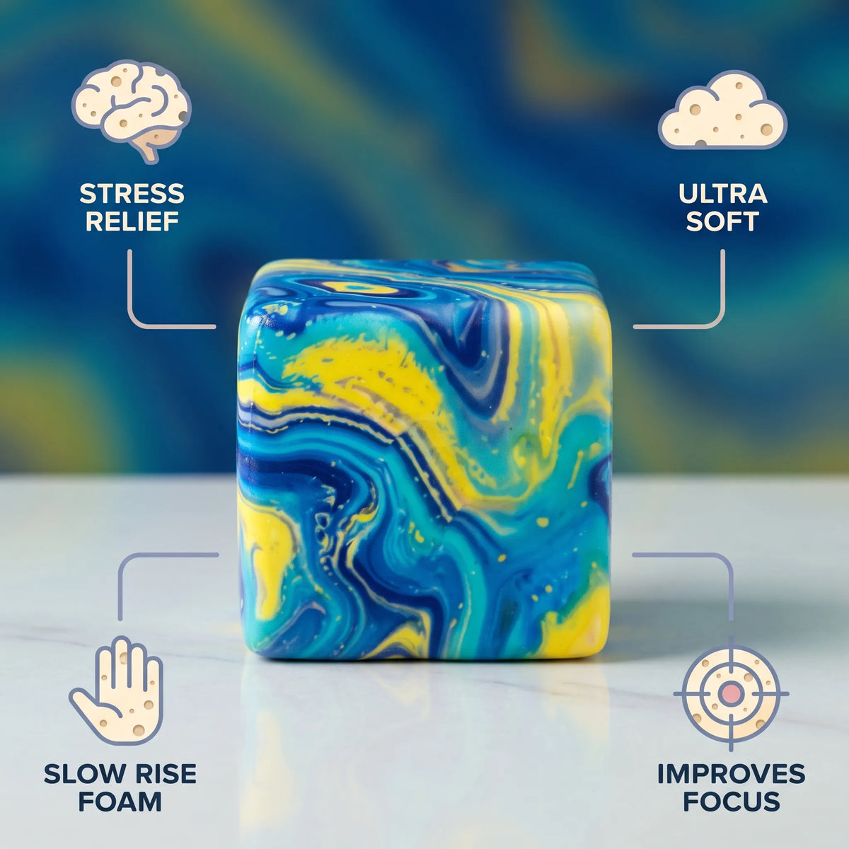Galaxy cheese squishy block with labels showing its size and slow rise