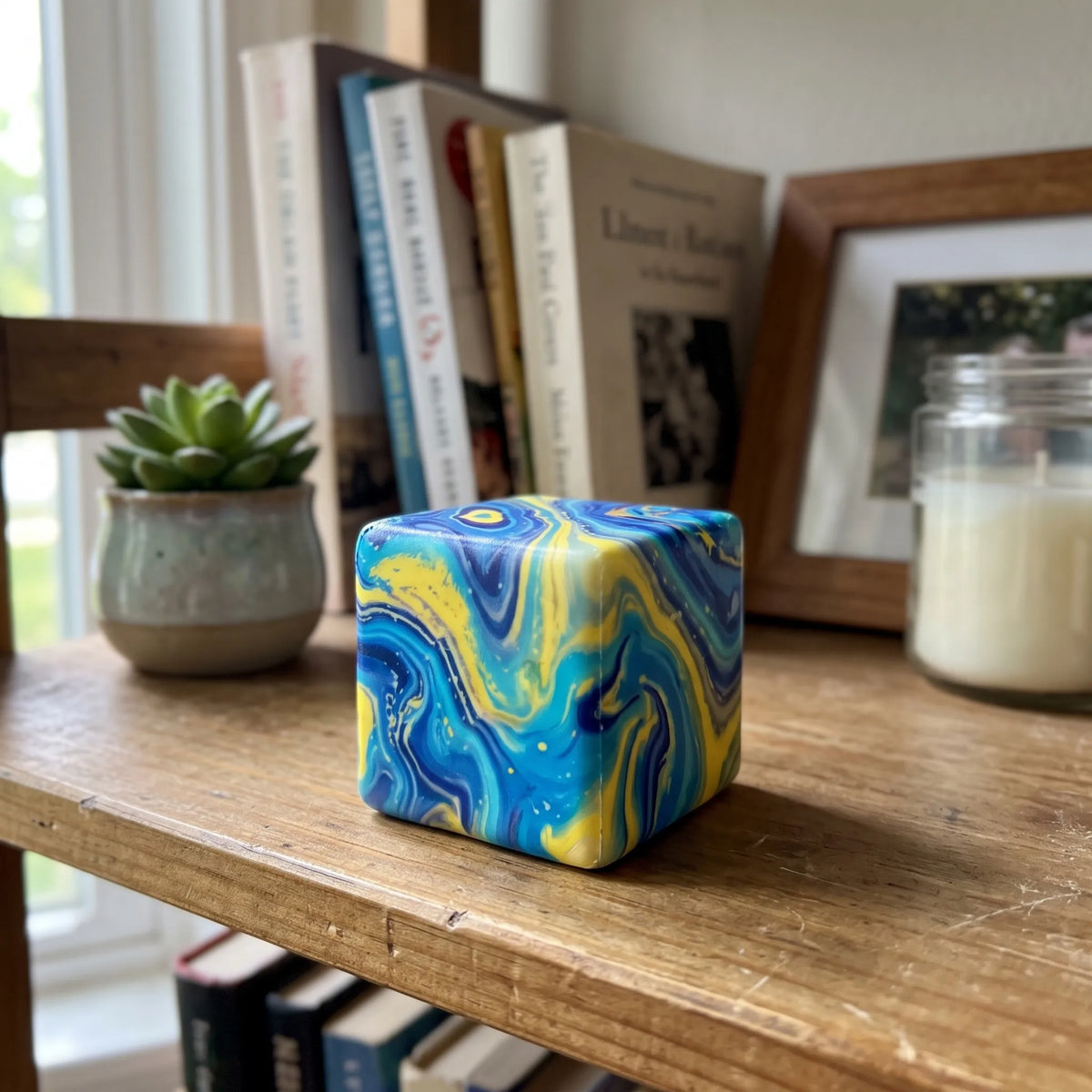 Galaxy cheese squishy block styled on a desk at home