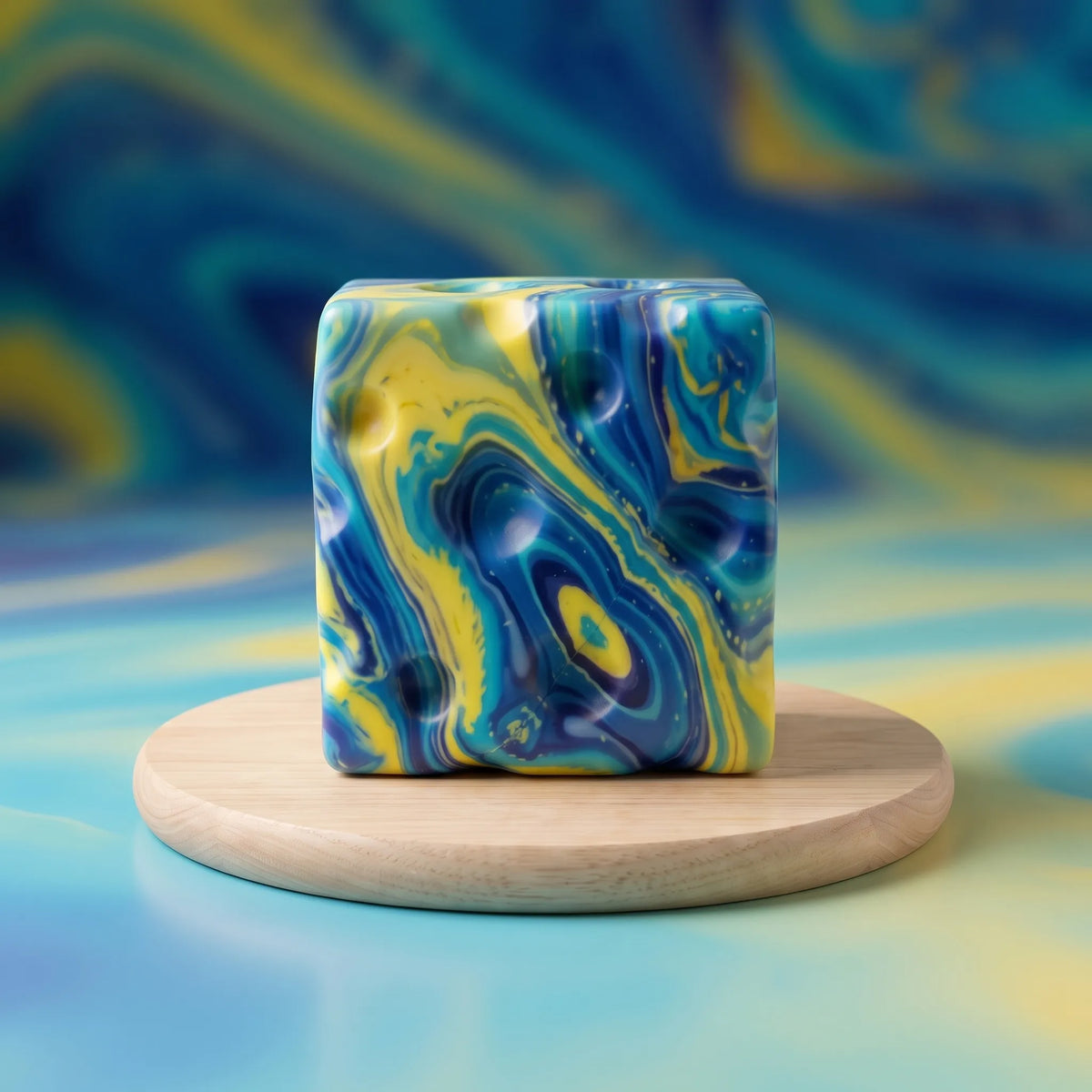 Galaxy cheese squishy block resting on a round wooden board