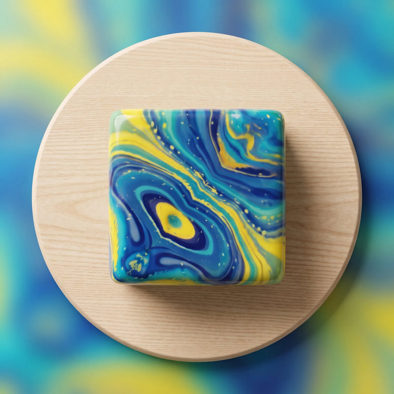 Navy and gold swirled cheese squishy block photographed against a swirled backdrop
