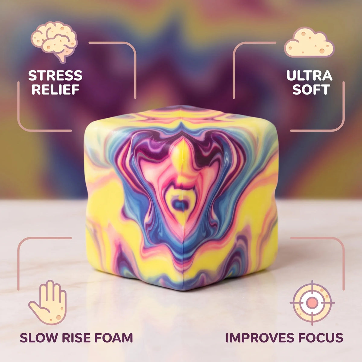 Marbled cheese squishy block with labels showing its size and slow rise