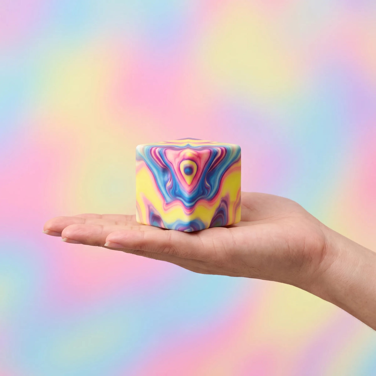 Marbled cheese squishy block held in an open hand to show its 8 cm size