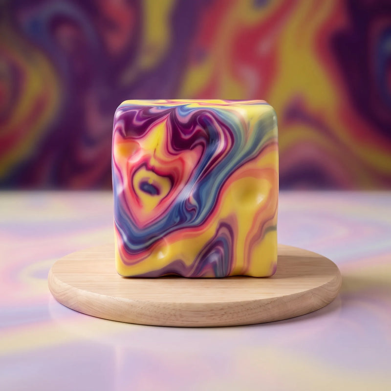 Marbled purple cheese squishy block resting on a round wooden board