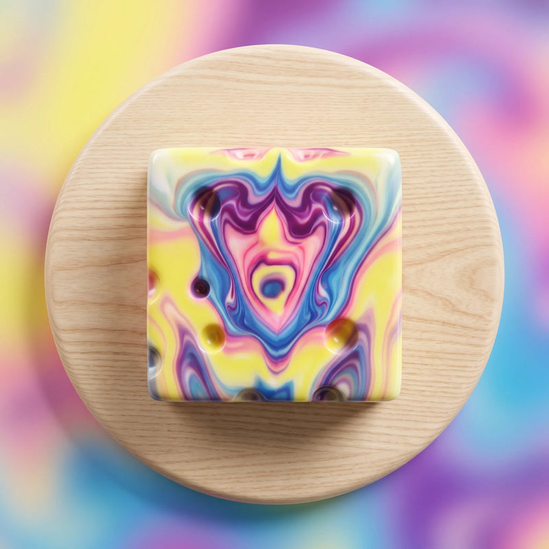 Purple, pink and gold marbled cheese squishy block photographed against a swirled backdrop