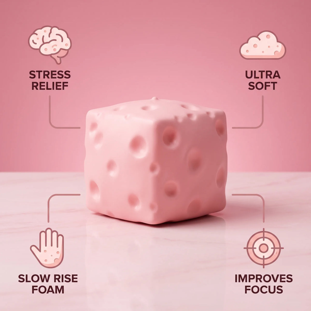 Pink cheese squishy block with labels showing its size and slow rise