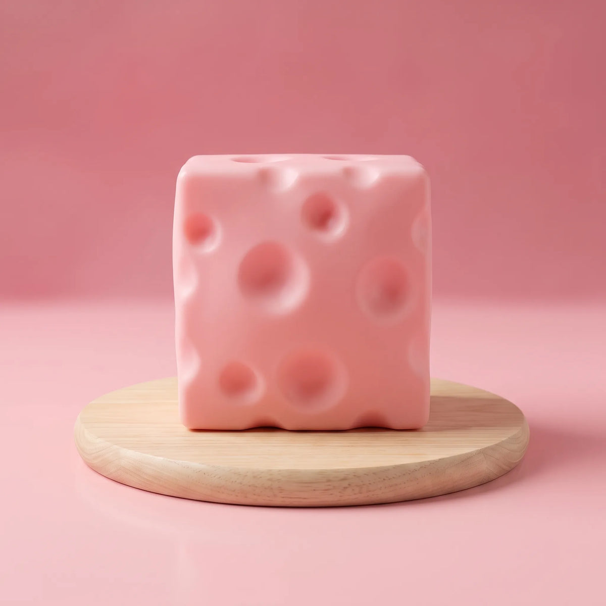 Pink cheese squishy block resting on a round wooden board
