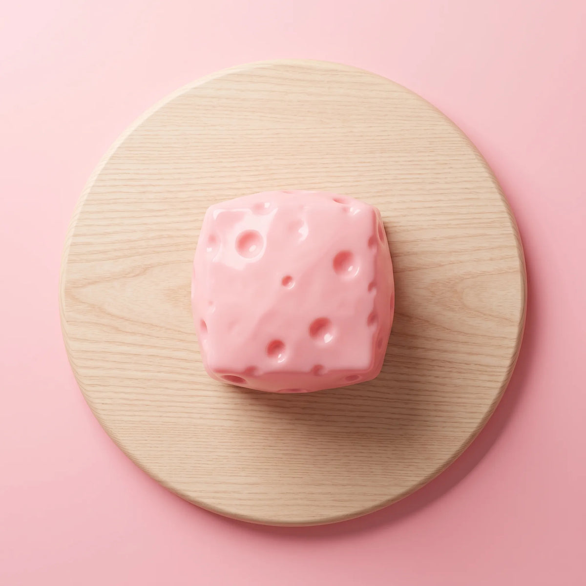 Pink cheese block squishy photographed from the front on a plain backdrop