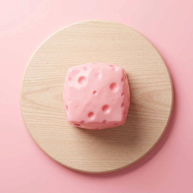 Pink cheese block squishy photographed from the front on a plain backdrop