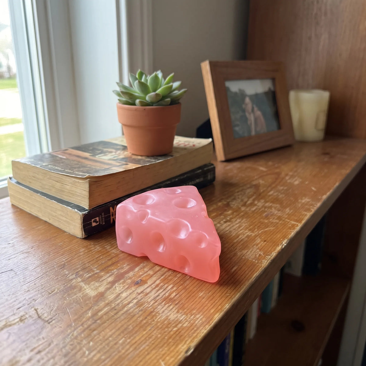 Pink cheese squishy wedge sitting on a wooden shelf at home