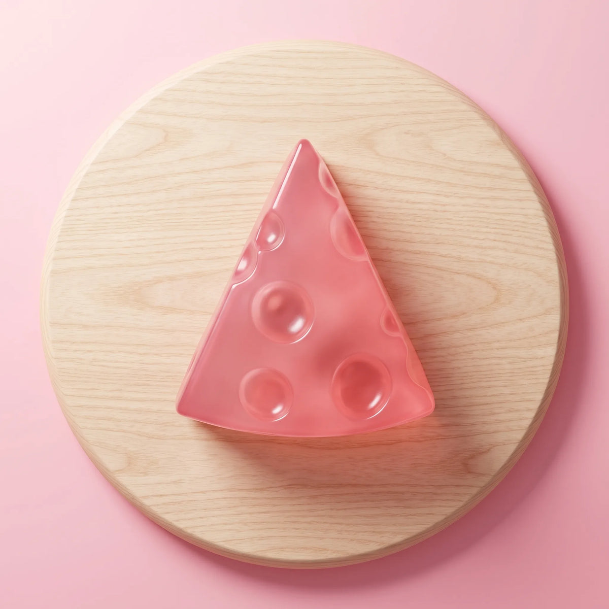 Pink cheese squishy wedge standing on a round wooden board