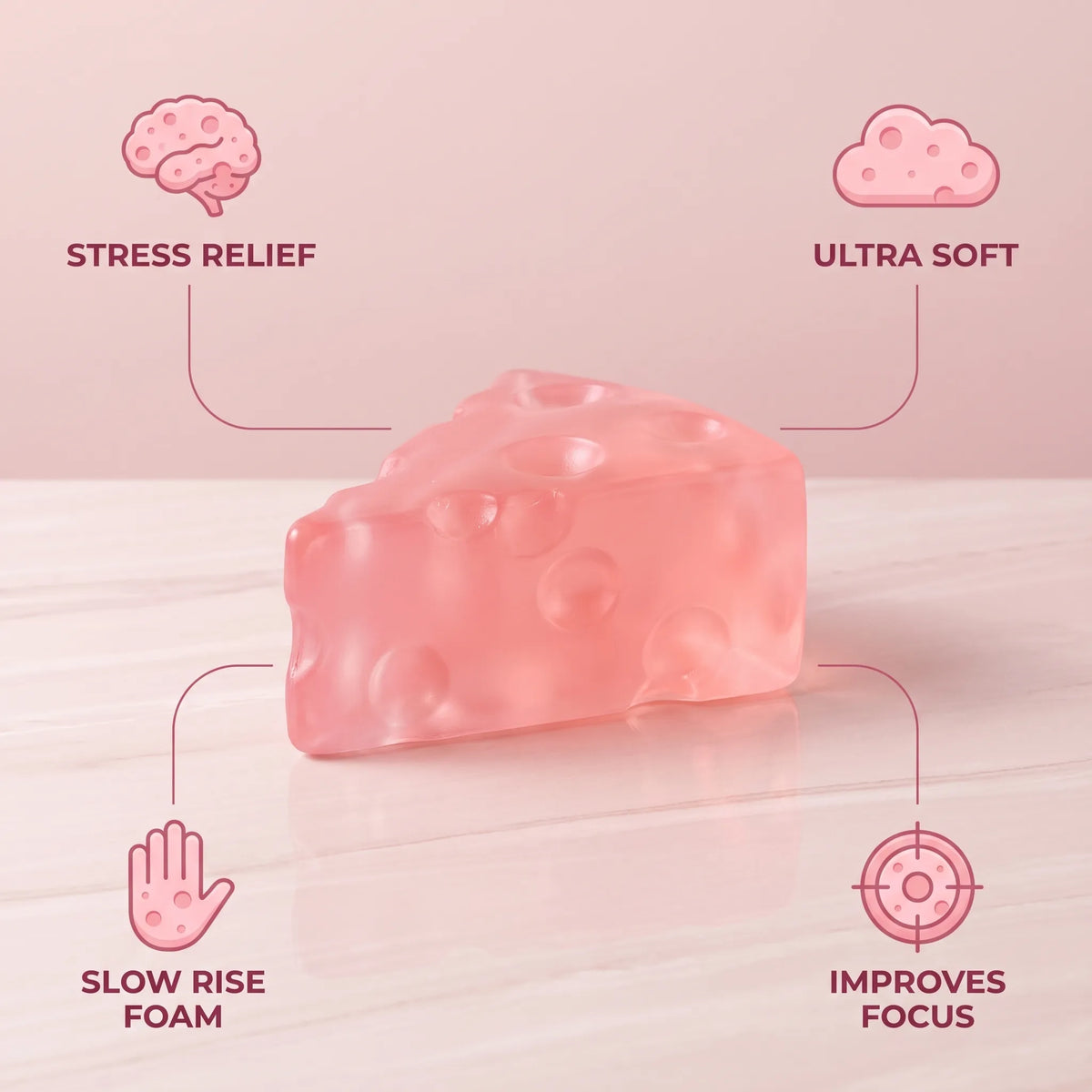Pink cheese squishy wedge with labels showing its size and slow rise