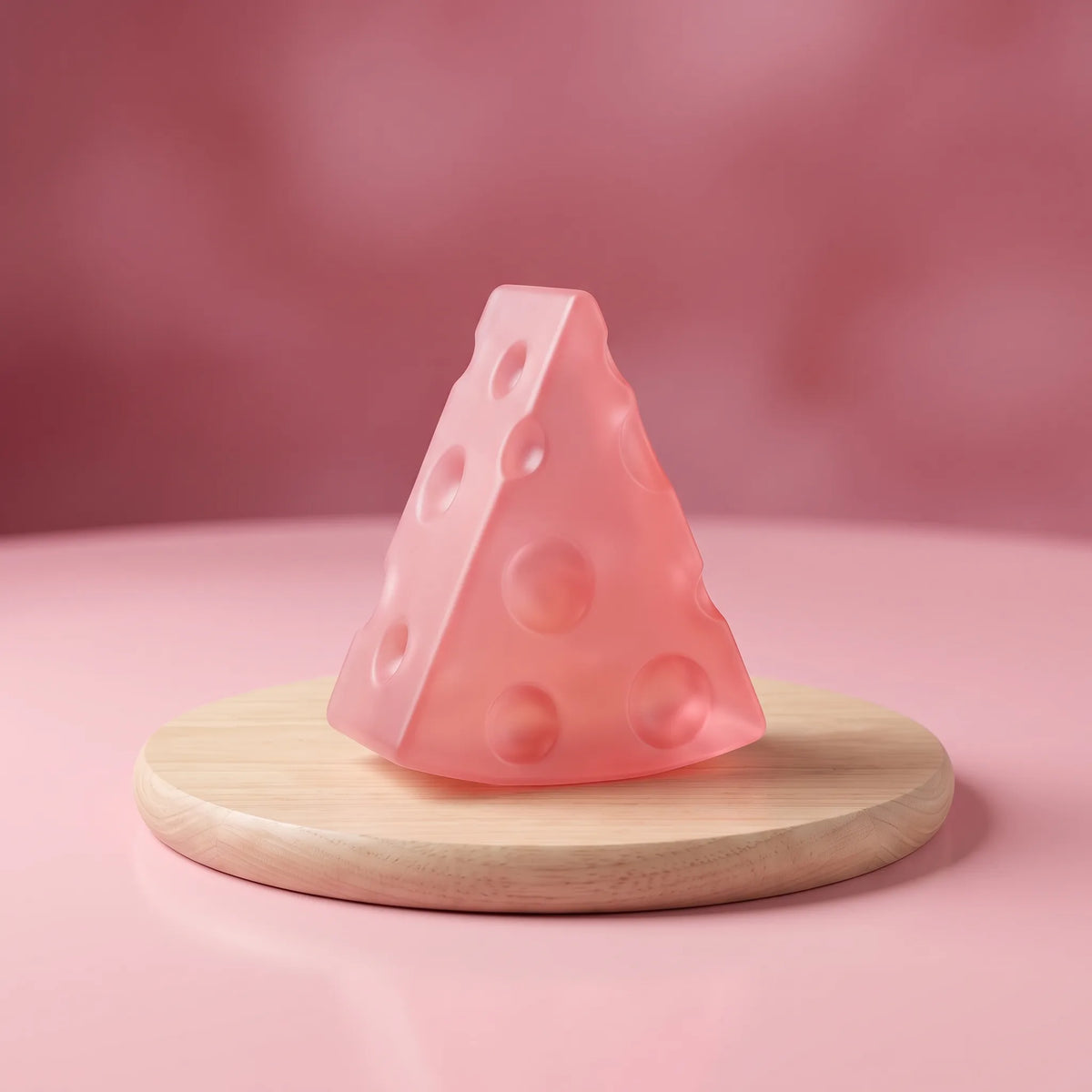 Pink cheese squishy wedge photographed in a studio on a soft backdrop