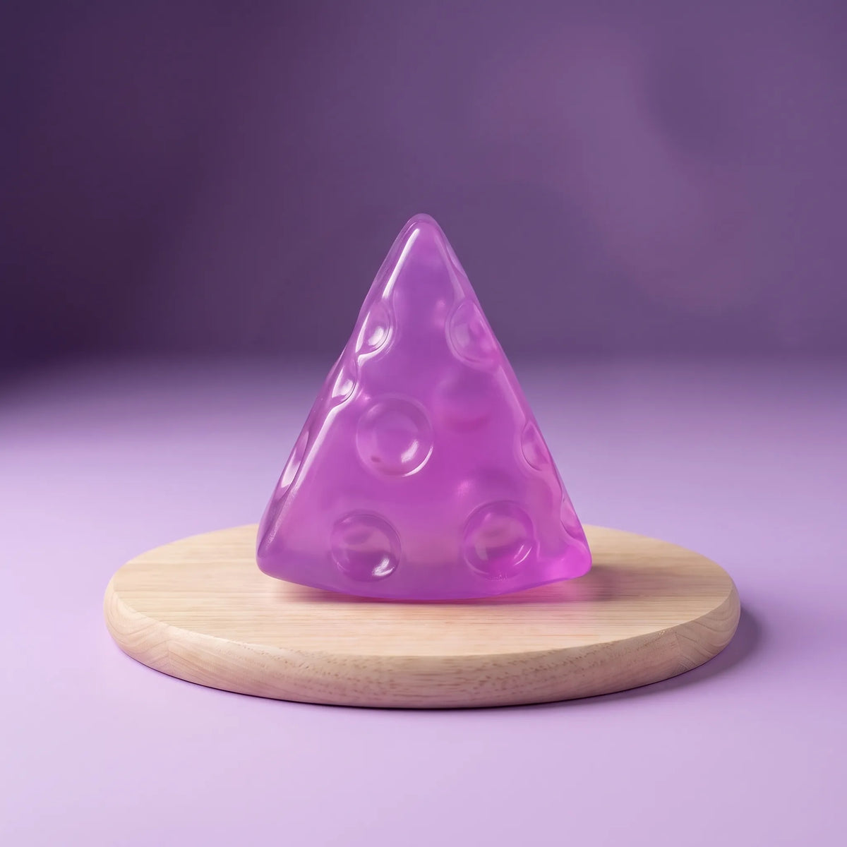 Purple cheese squishy wedge standing on a round wooden board