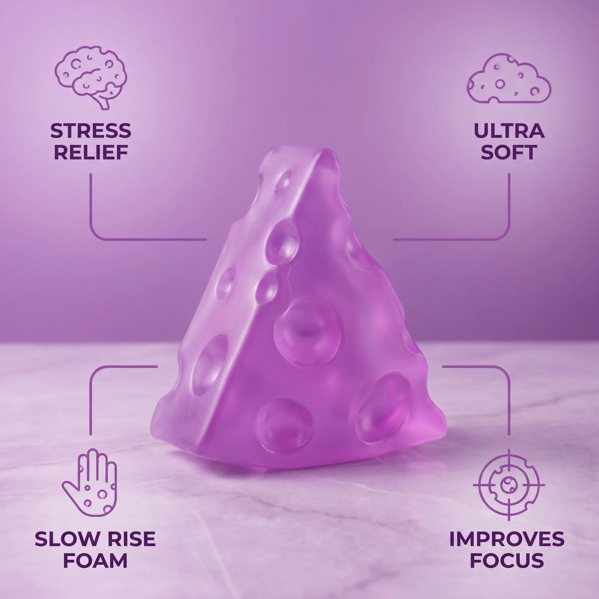 Purple cheese squishy wedge with labels showing its size and slow rise