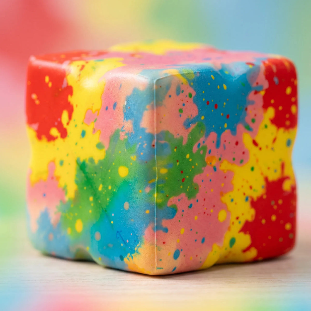 Close-up of the red, yellow and blue paint flecks on the cheese squishy block