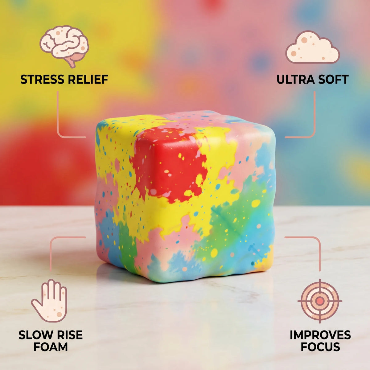 Paint-splatter cheese squishy block with labels showing its size and slow rise
