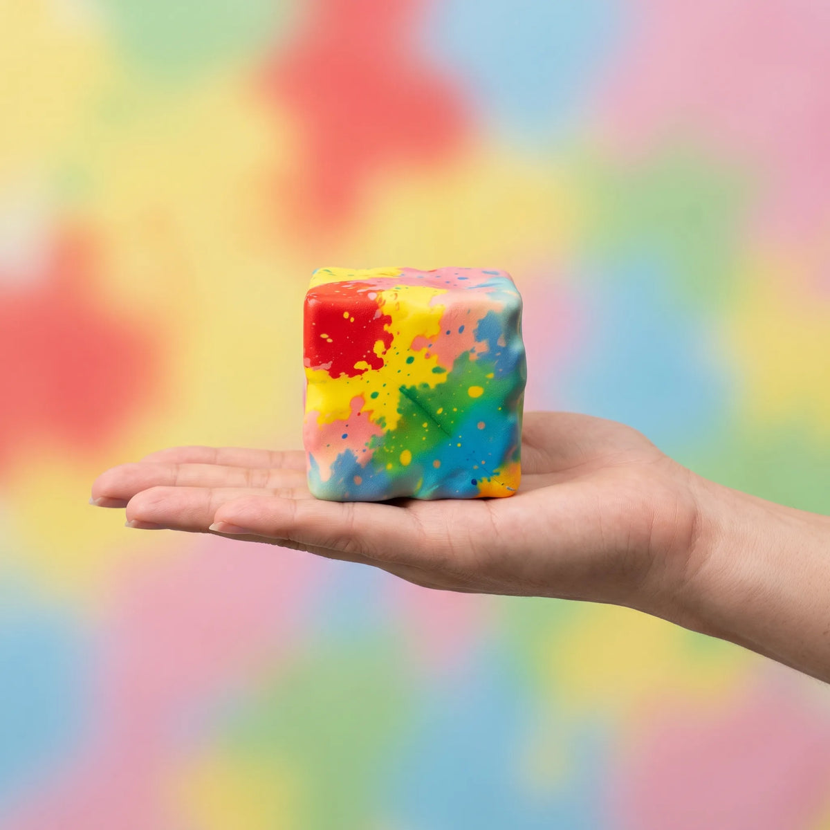 Rainbow cheese squishy block held in an open hand to show its 8 cm size