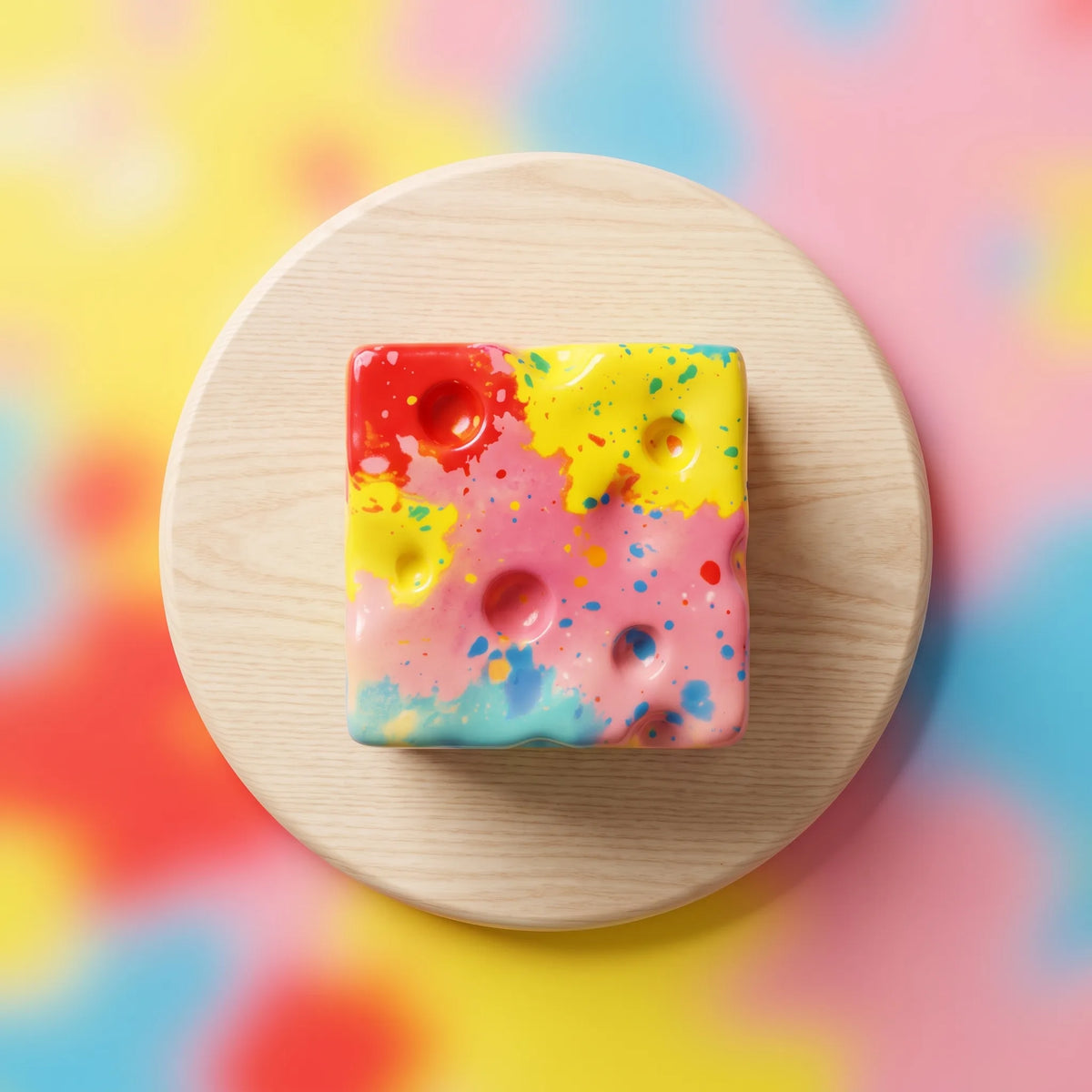 Paint-splatter cheese squishy block resting on a round wooden board
