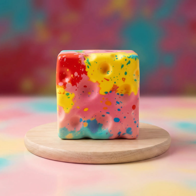 Rainbow paint-splatter cheese squishy block photographed against a colourful backdrop
