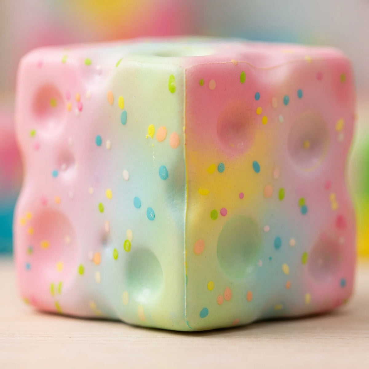 Close-up of the printed sprinkles and moulded holes on the sweet style cheese squishy