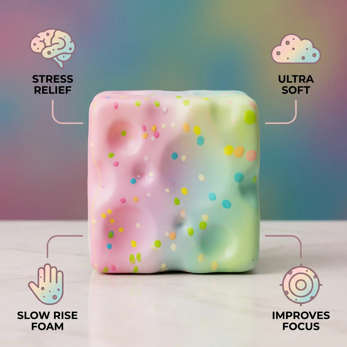 Sweet style cheese squishy block with callouts for size and slow rise
