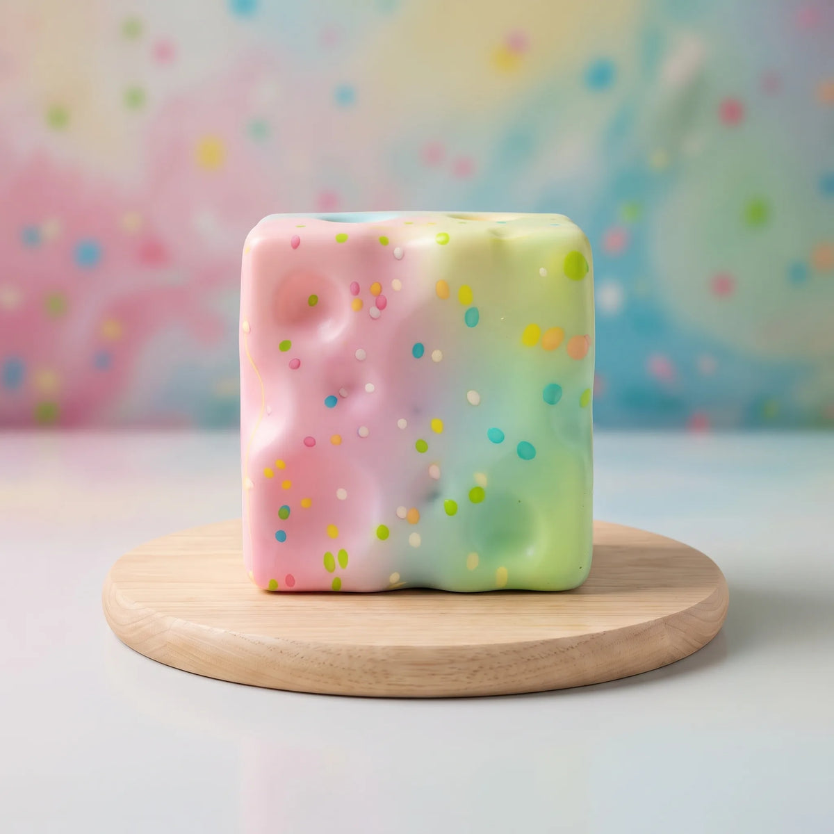 Sweet style cheese squishy block with sprinkle print on a wooden surface
