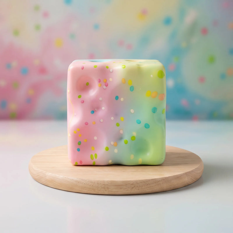 Sweet style cheese squishy block with sprinkle print on a wooden surface