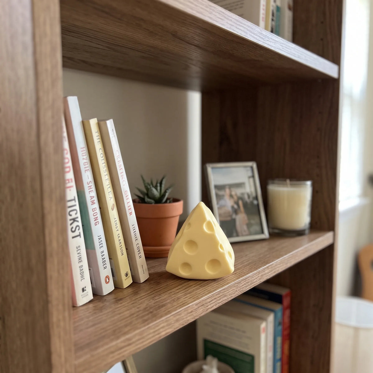 Swiss cheese squishy triangle displayed on a wooden shelf at home