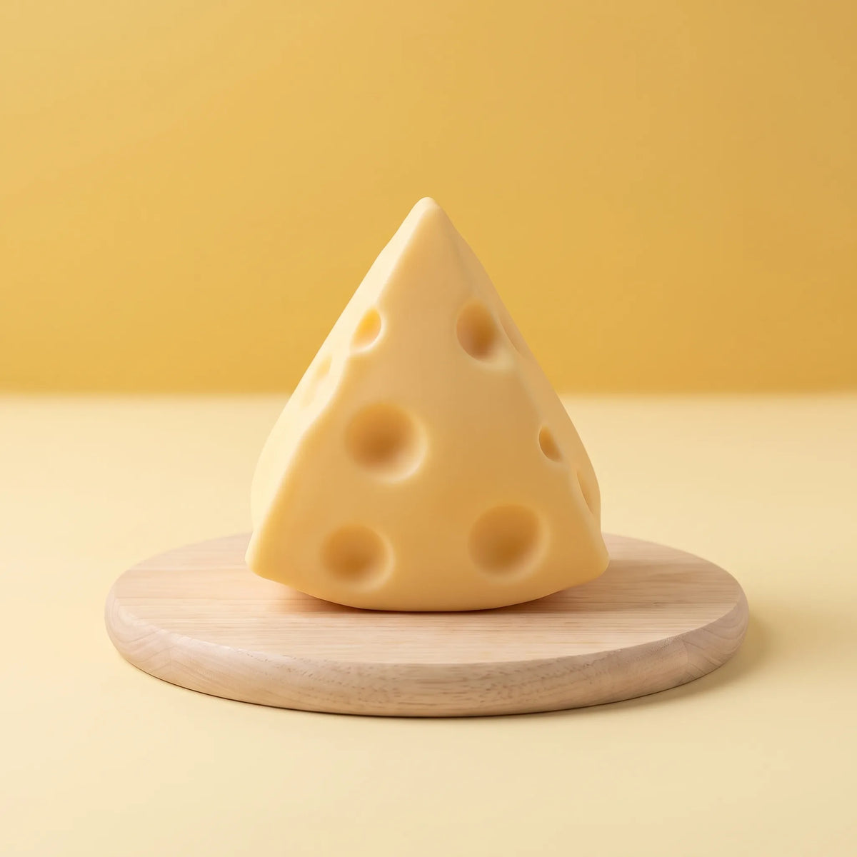 Swiss cheese squishy triangle standing on a round wooden board