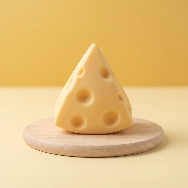 Swiss cheese squishy triangle standing on a round wooden board