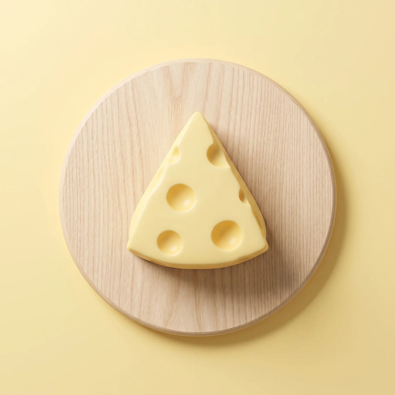 Pale yellow cheese squishy triangle with moulded holes photographed from the side